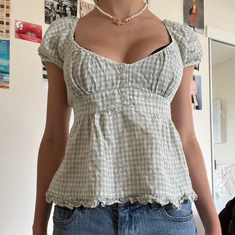 Brandy Melville Blair Ruffled Green & White Plaid Gingham Short Sleeve Top